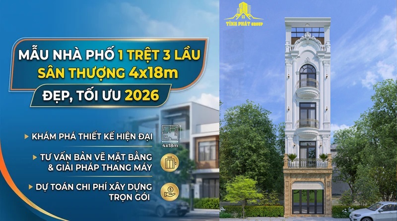 Mẫu Nhà Phố 1 Trệt 3 Lầu Sân Thượng 4x18m Đẹp, Tối Ưu 2026 7 Mẫu Nhà Phố 1 Trệt 3 Lầu Sân Thượng 4x18m Đẹp